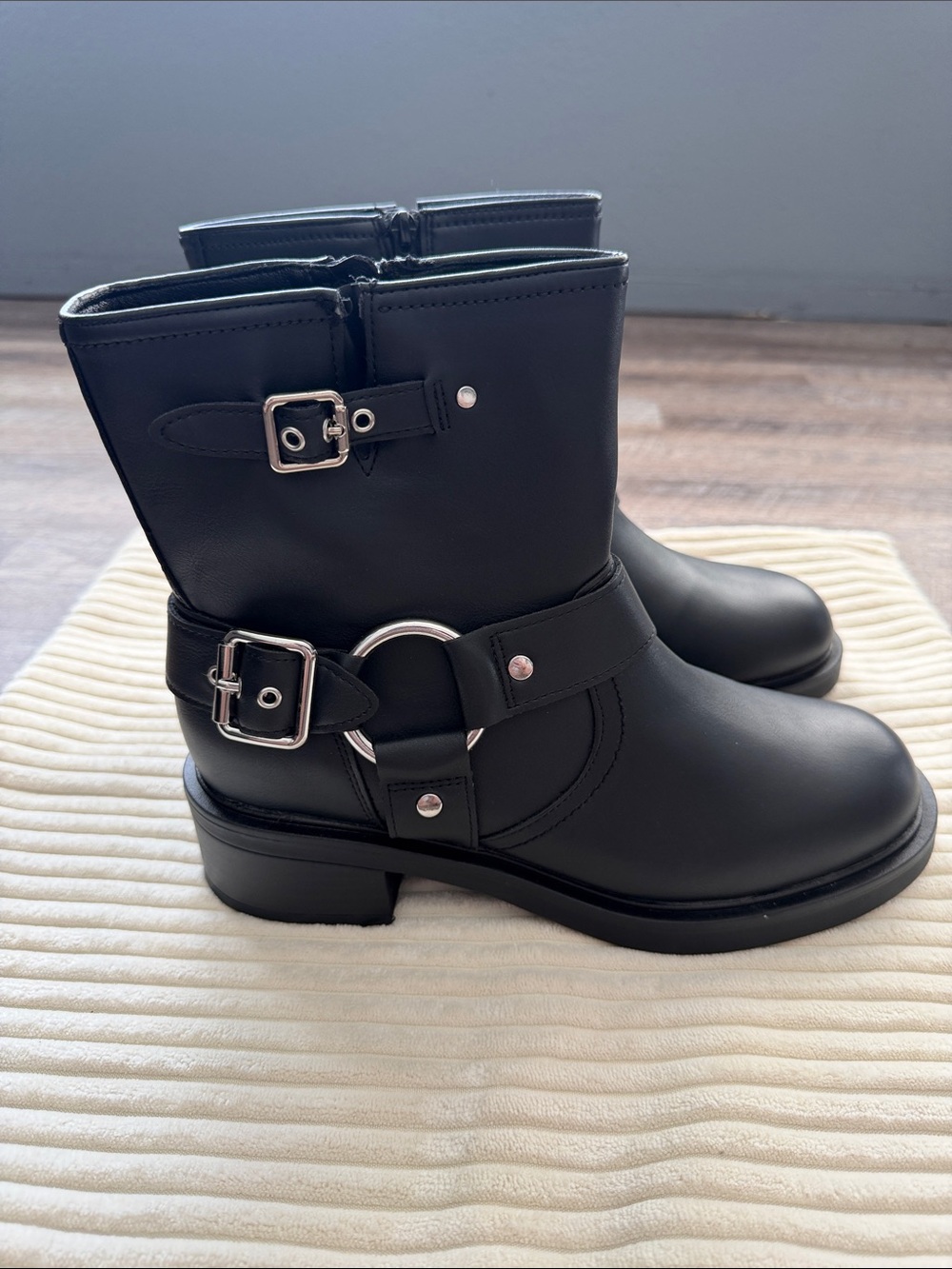 Women's Black Leather Buckle Harness Boots